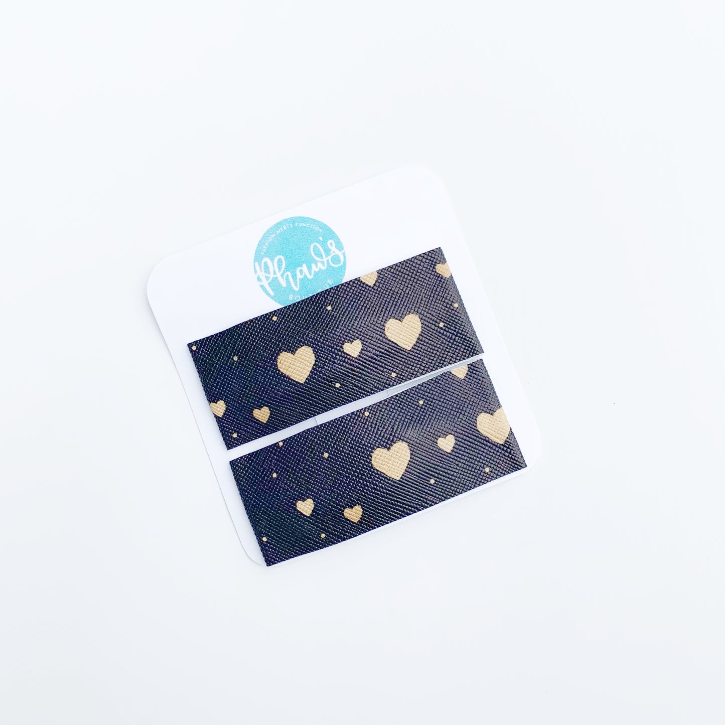 Gold Hearts on Black Print | Faux Leather Snap Clips | Large